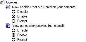 Screenshot of cookies settings in Microsoft Internet Explorer. The "Enable" option is selected to allow both cookies that are stored on your the computer, and per-session cookies that are not.