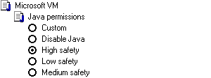 Screenshot of "Java permissions" settings in Microsoft Internet Explorer. The "High safety" option is selected.