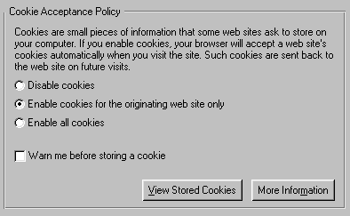 Screenshot of the "Cookie Acceptance Policy" settings in Netscape Navigator. The option to "Enable cookies for the originating web site only" is selected.